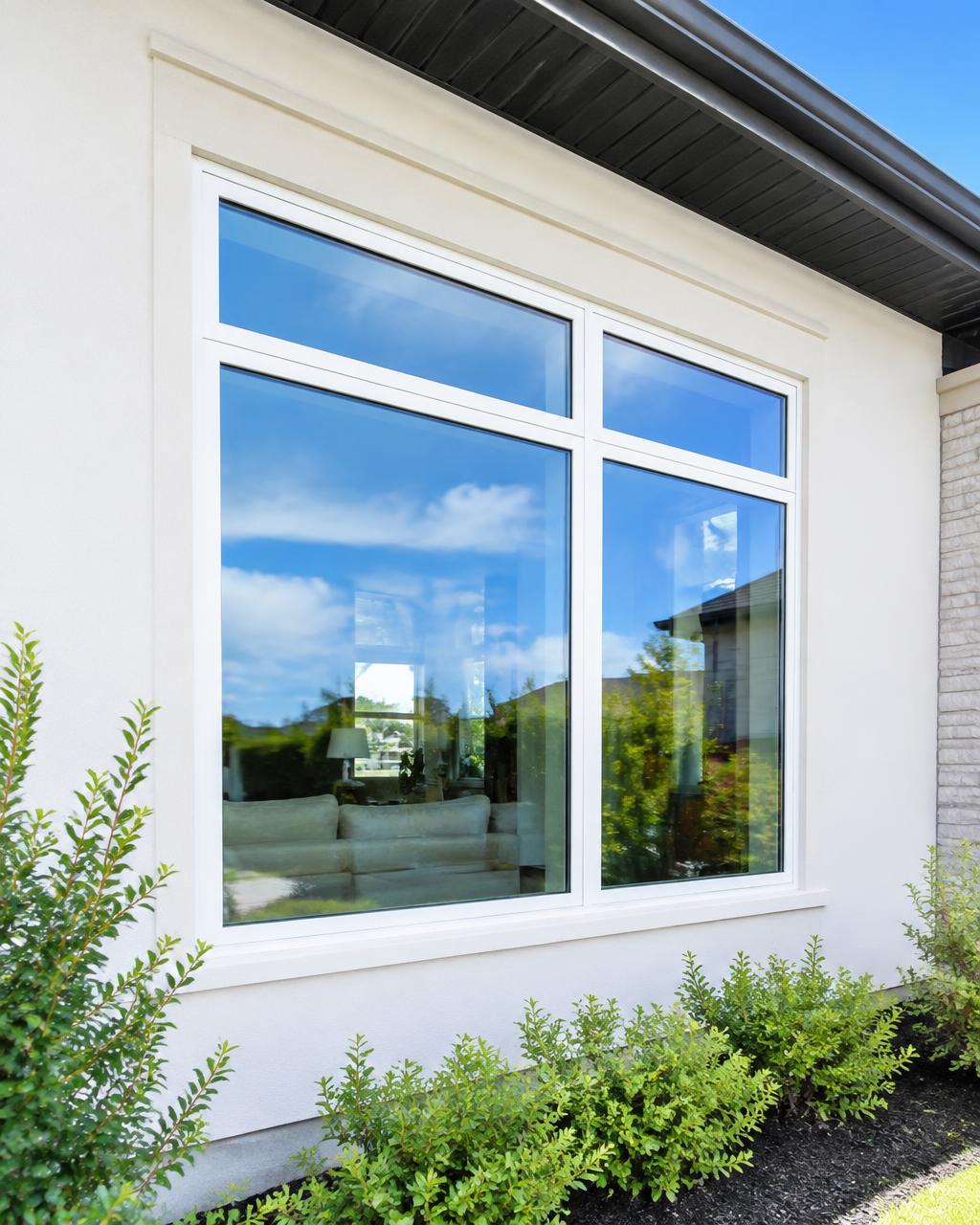 Crystal-clean residential window reflecting a blue sky
